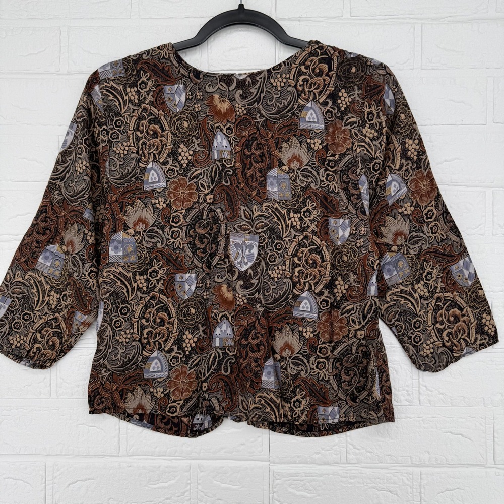 Michelle Stuart Blouse Womens L Brown Paisley Crest Button Back 3/4 Sleeve Top